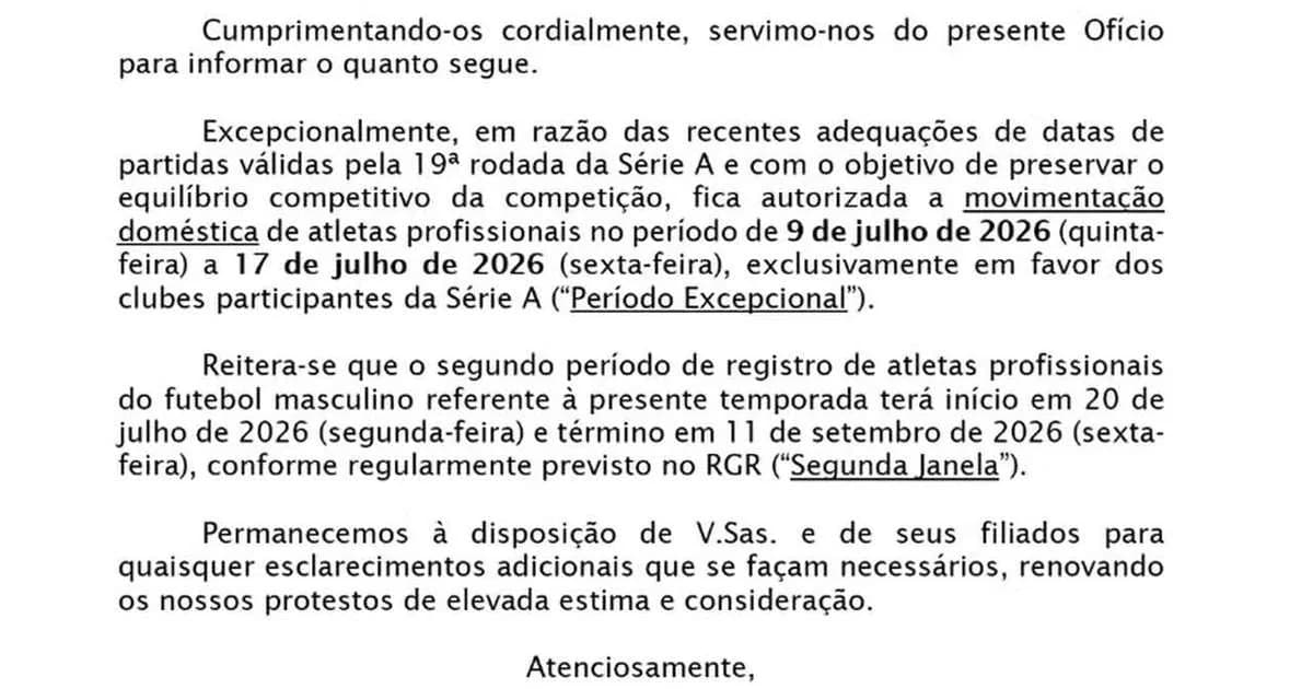 Janela CBF 9 a 17 de julho para reforços nacionais